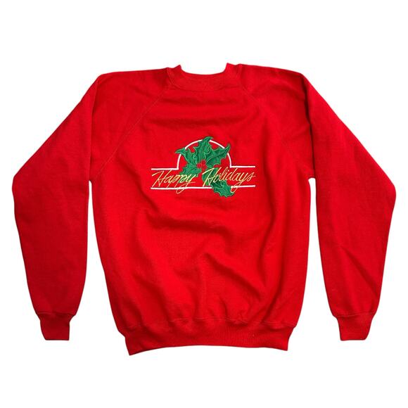 Vintage 90s Red Christmas Happy Holidays Crew Neck Pullover Sweatshirt XL - Picture 1 of 5
